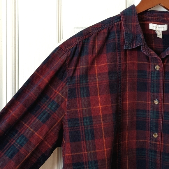 Topshop Classic Plaid Pinwale Corduroy Long Sleeve Button Down Shirt Burgundy 8 - Picture 6 of 12